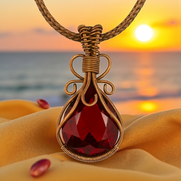 Boho Chic Genuine Garnet Copper Wire Wrapped Pendant Statement Necklace - Picture 11 of 13
